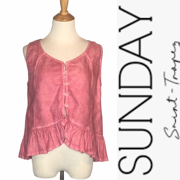 Sunday St Tropez Pink Linen Ruffle Tank S - Picture 2 of 14
